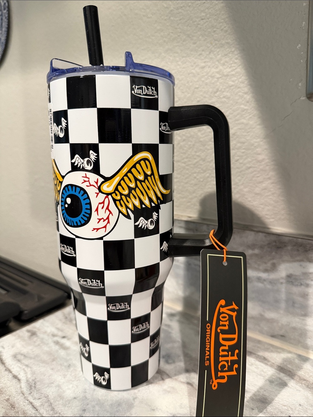 Von Dutch Black & White Checkered Winged Eyeball Travel Tumbler